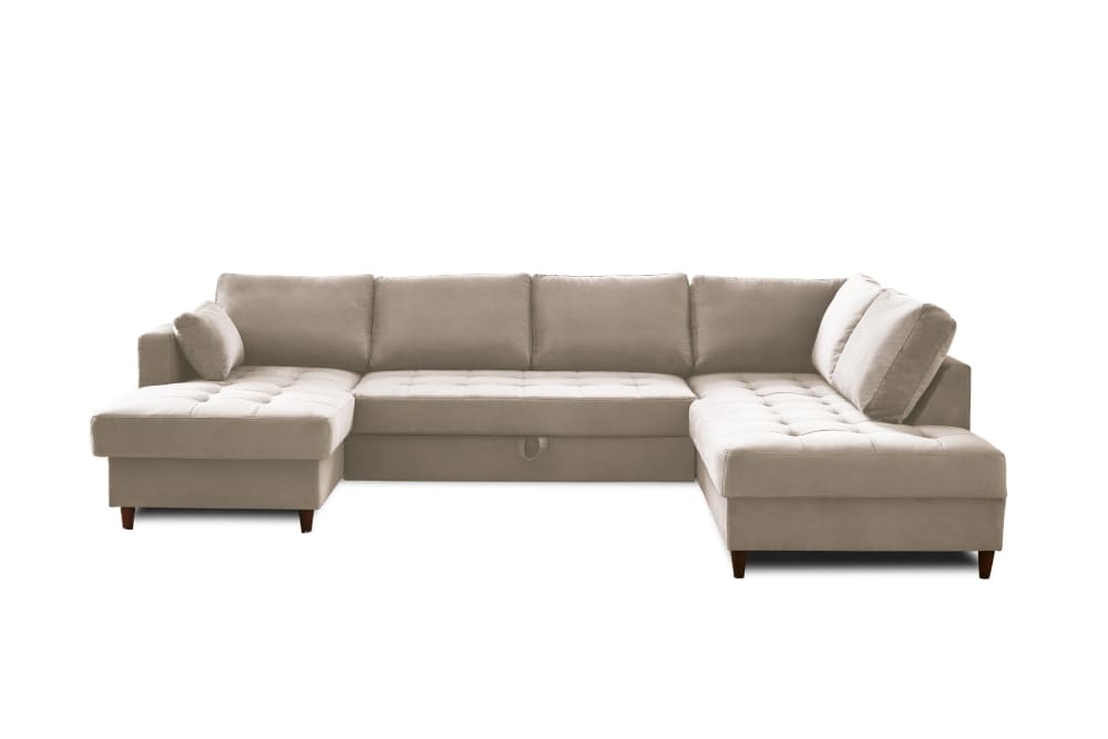 Canapé panoramique 7 places convertible avec coffre en velours beige - Maisons du Monde