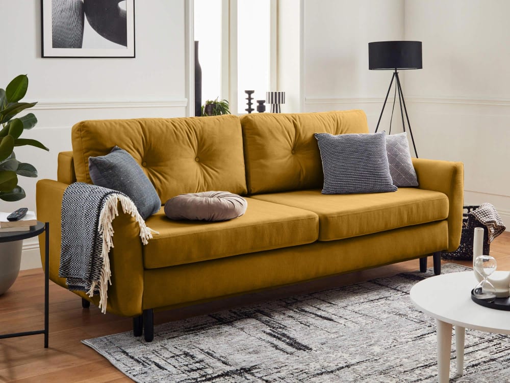 Canapé droit convertible 3 places en velours jaune