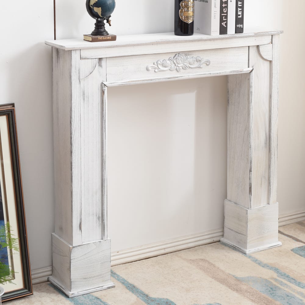 Finto camino effetto anticato 100x105x21 cm in paulonia bianco -