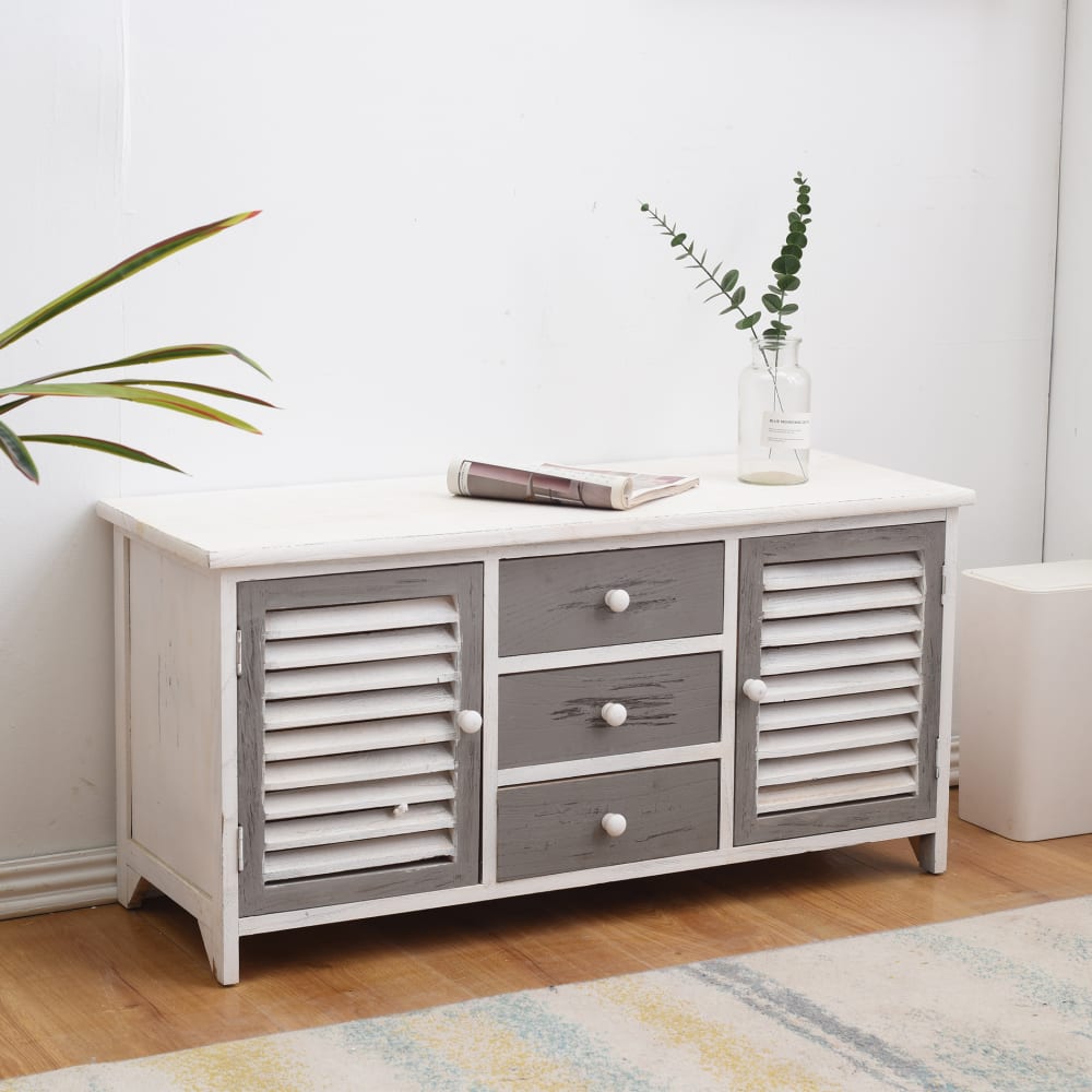 Aparador bajo con 3 cajones y 2 puertas en madera blanco y gris - Maisons du Monde