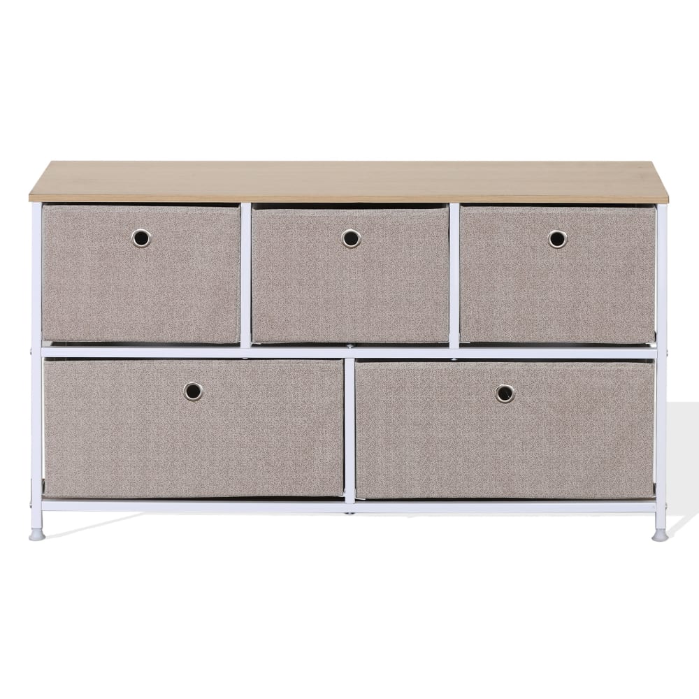 Aparador horizontal con 5 cajones de metal y tela beige y blanco