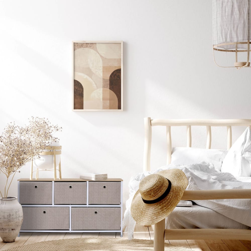 Buffet enfilade à 5 tiroirs en metal et tissu blanc et beige