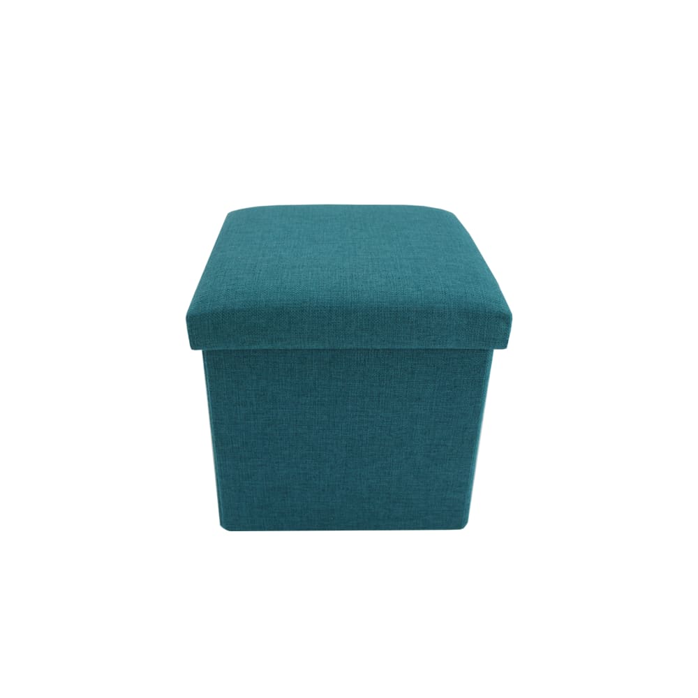 Repose-pieds cube de rangement en fibre de bois et tissu turquoise