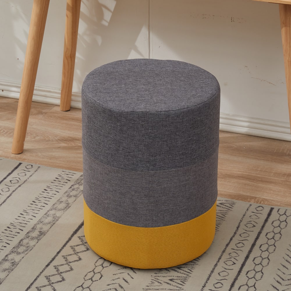 Pouf poggiapiedi in tessuto e fibra di legno grigio e giallo -