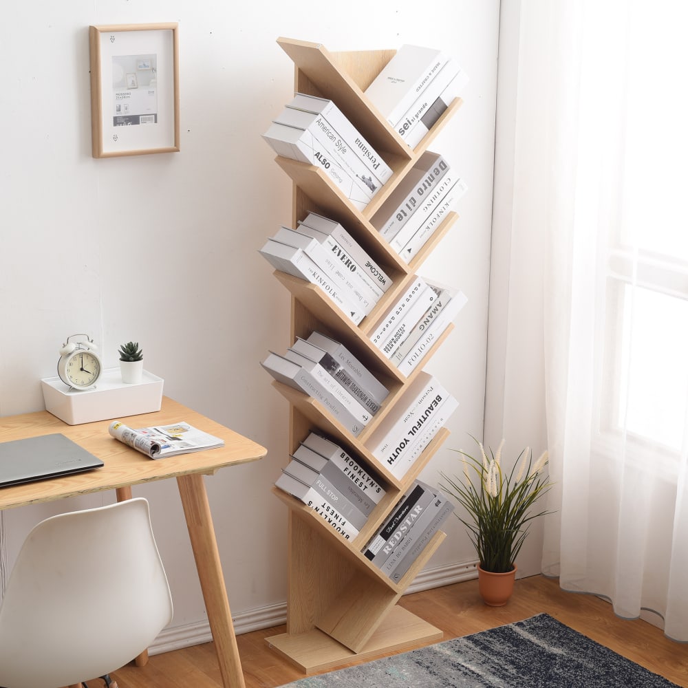 Bibliothèque avec 10 étagères couleur chêne clair