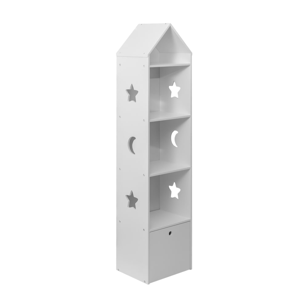 Kinderbuchregal mit 4 Fachböden und 1 Schublade aus weißem MDF -