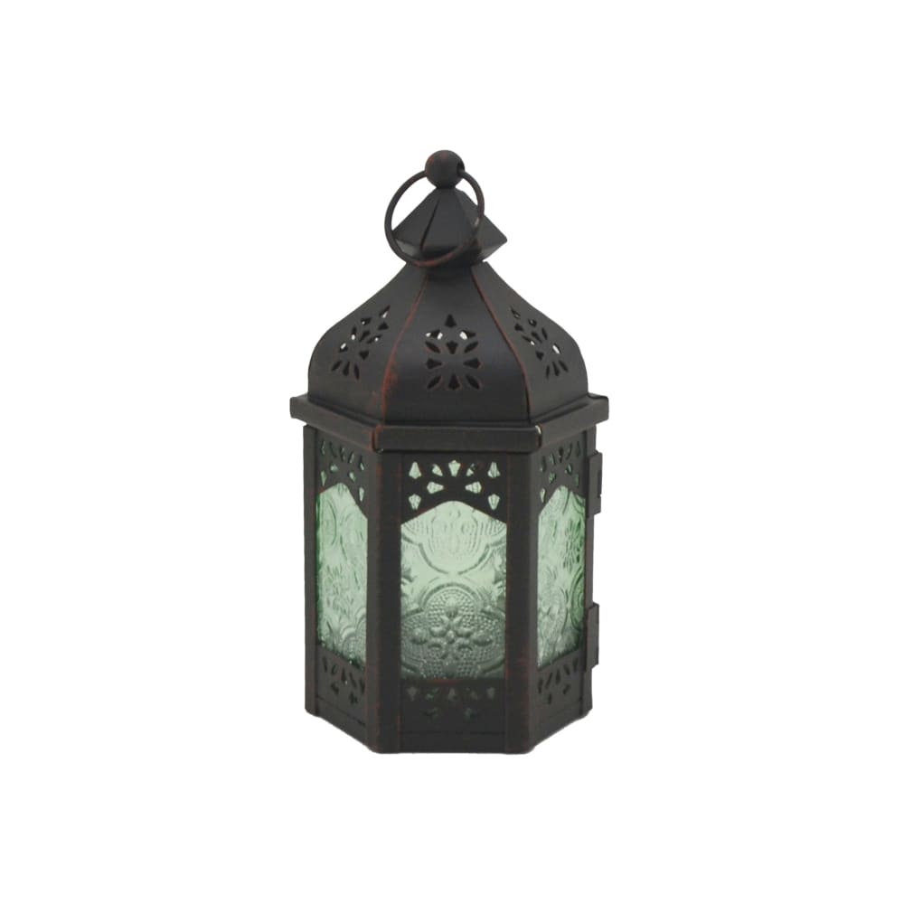 Farol étnico 9x8x17 cm metal y vidrio negro y verde