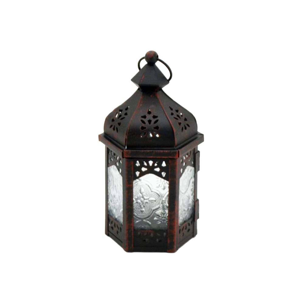 Lanterne ethnique 9x8x17 cm en métal et verre noir et blanc
