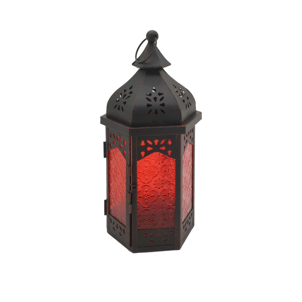 Lanterne ethnique 16x14x32 cm en métal et verre noir et rouge