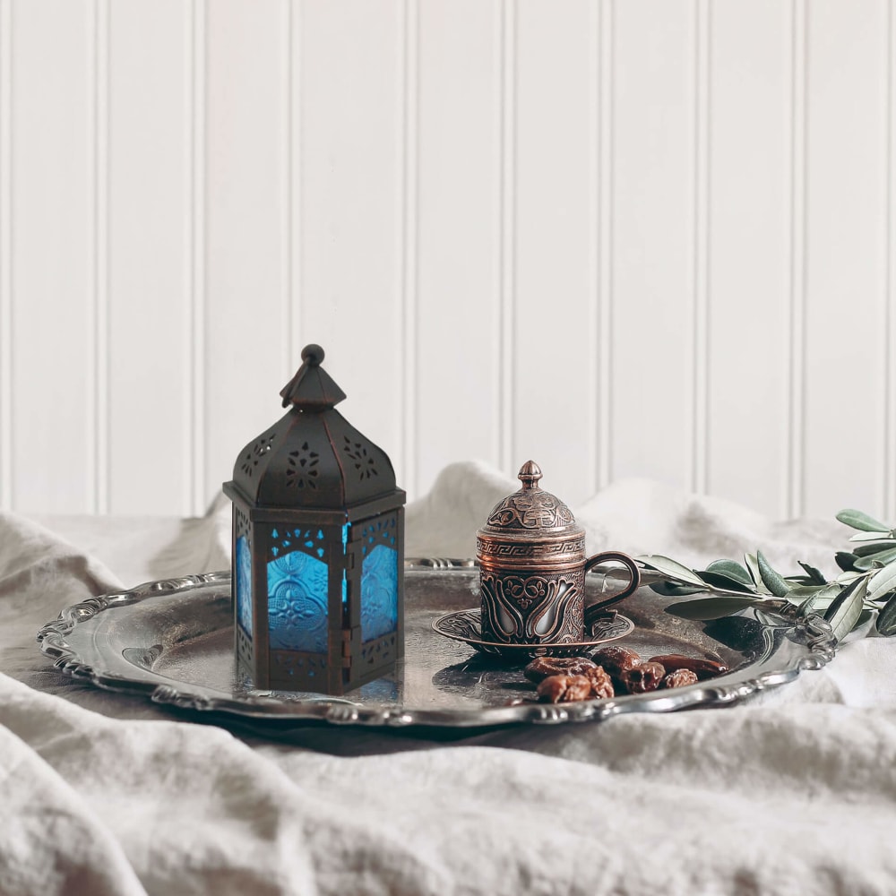 Farol étnico 9x8x17 cm metal y vidrio negro y azul - Maisons du Monde