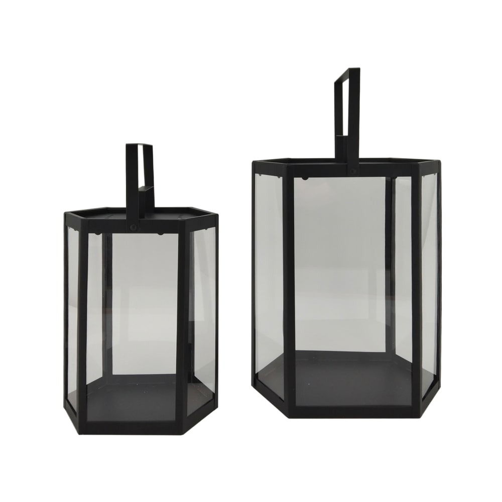 Juego de 2 faroles modernos de exterior de metal negro y pvc