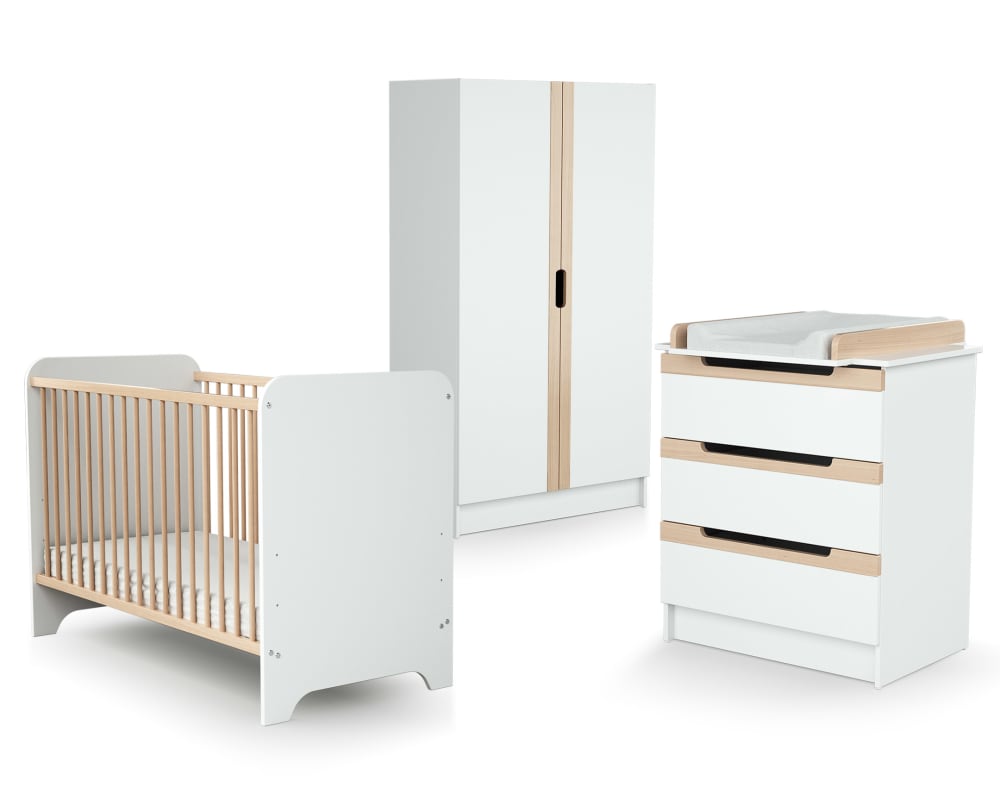 Chambre bébé lit, commode à langer et armoire Blanc et Hêtre Verni