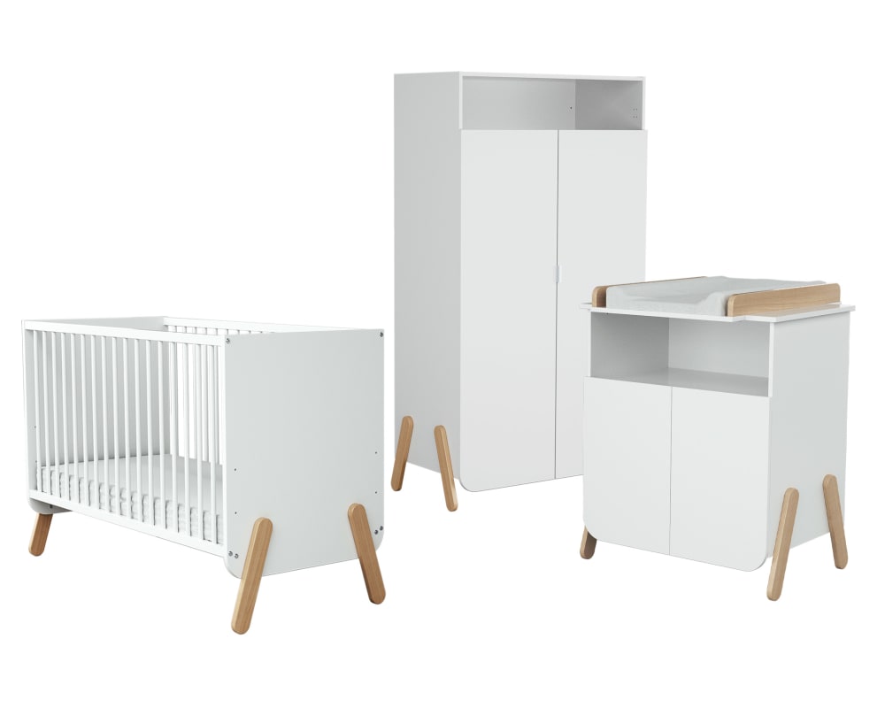 Set cama bebé, cambiador y armario en madera blanco y haya