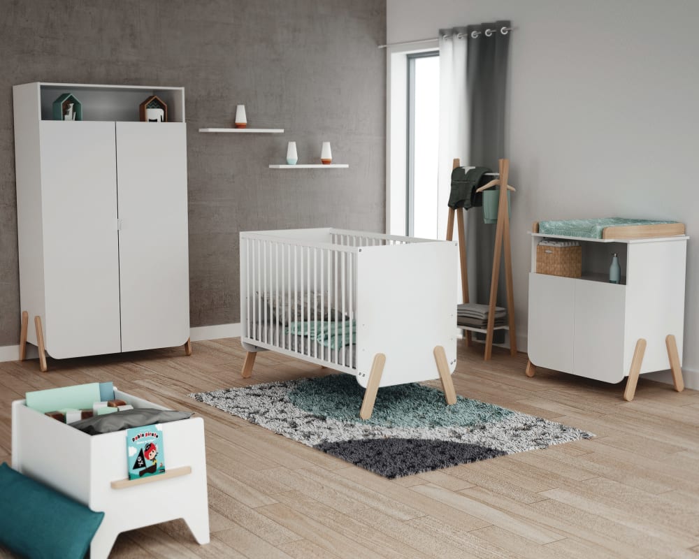Chambre bébé lit, meuble à langer et armoire blanc et hêtre verni (At4) - Image 2