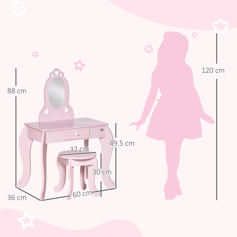 Toeletta per bambini con sgabello in legno specchio e cassetto -