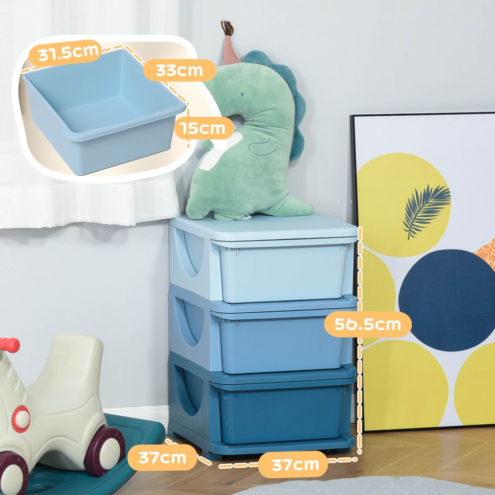 Cassettiera in plastica colorata 3 cassetti 37x37x56.5cm blu -