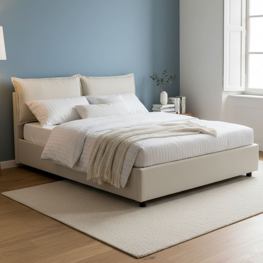 Lit double en tissu beige 140x200 cm - Maisons du Monde
