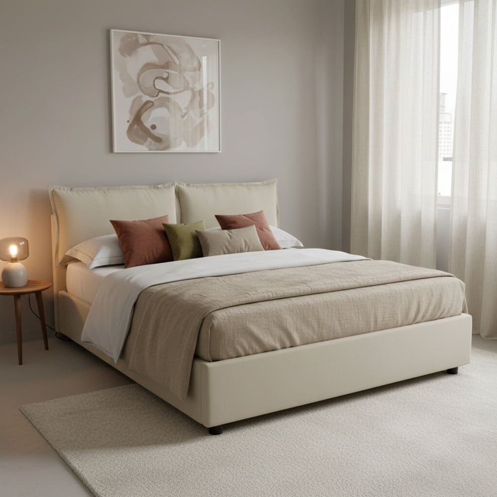 Lit double en tissu beige 140x190 cm