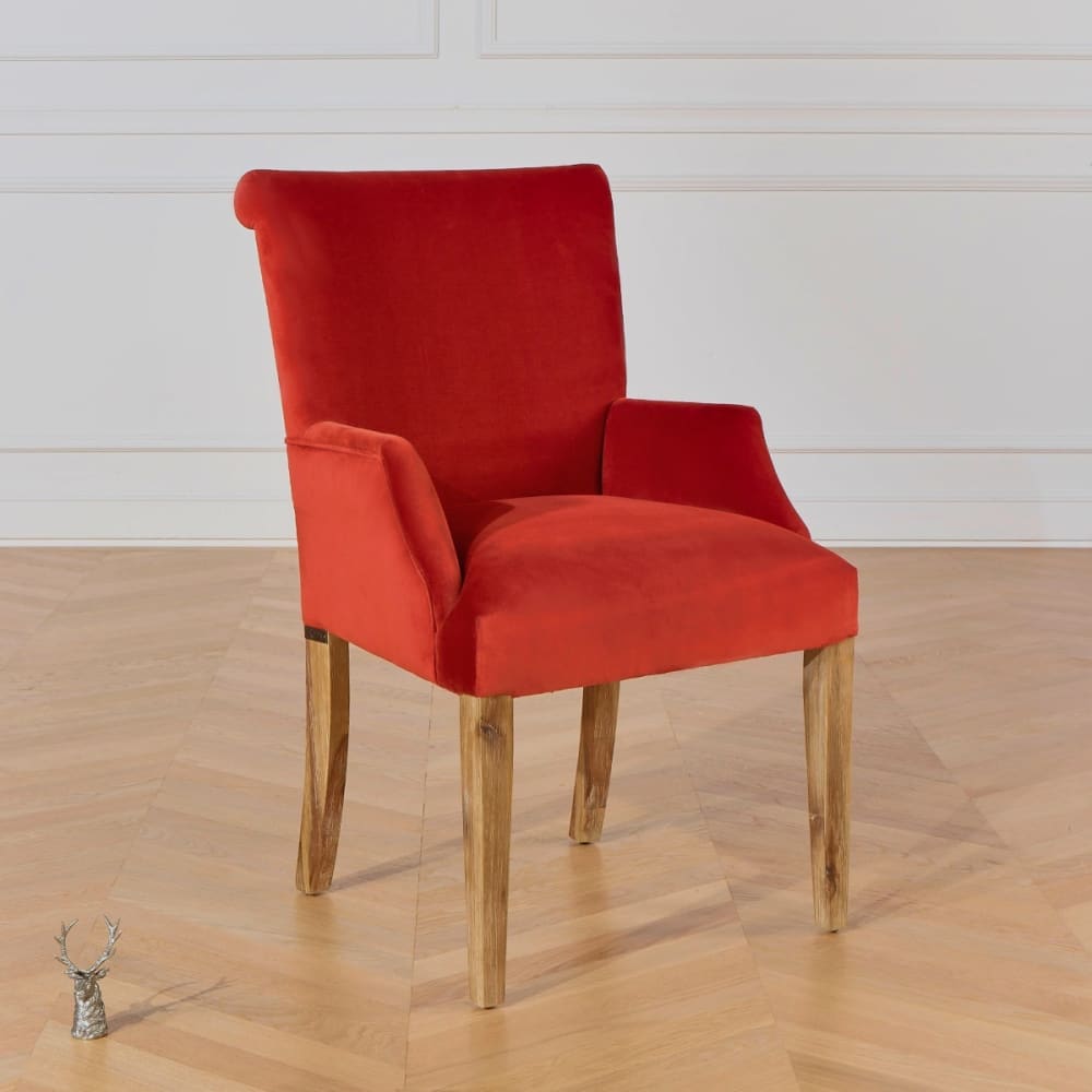 Fauteuil de table style moderne en bois et velours brique