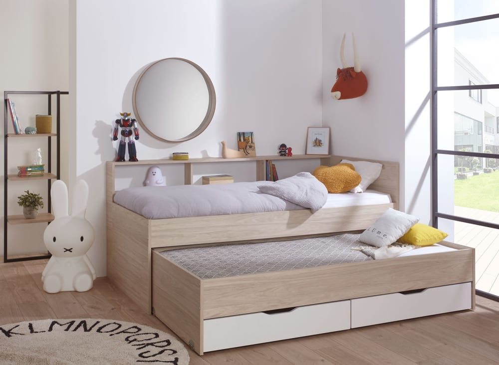 Lit gigogne 90x200 cm + 2 tiroirs de rangement bois et blanc - Maisons du Monde