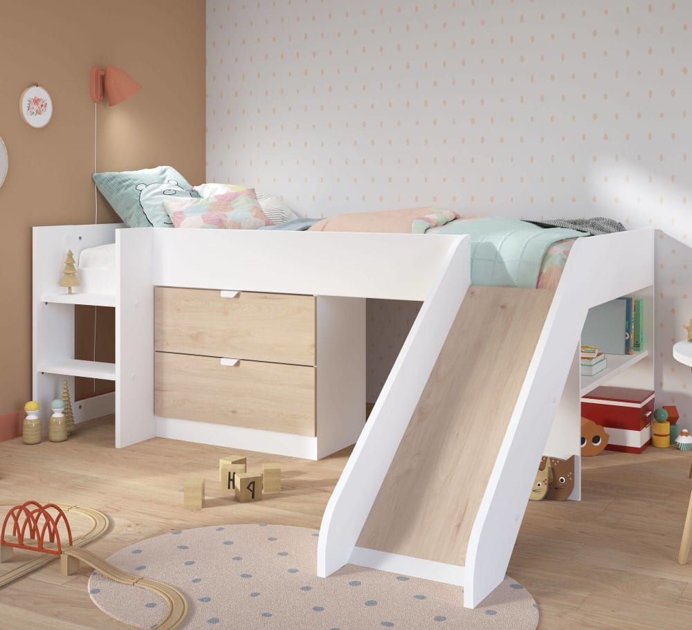 Lit toboggan effet bois et blanc 90 x 200 cm (CAMIF) - Image 1