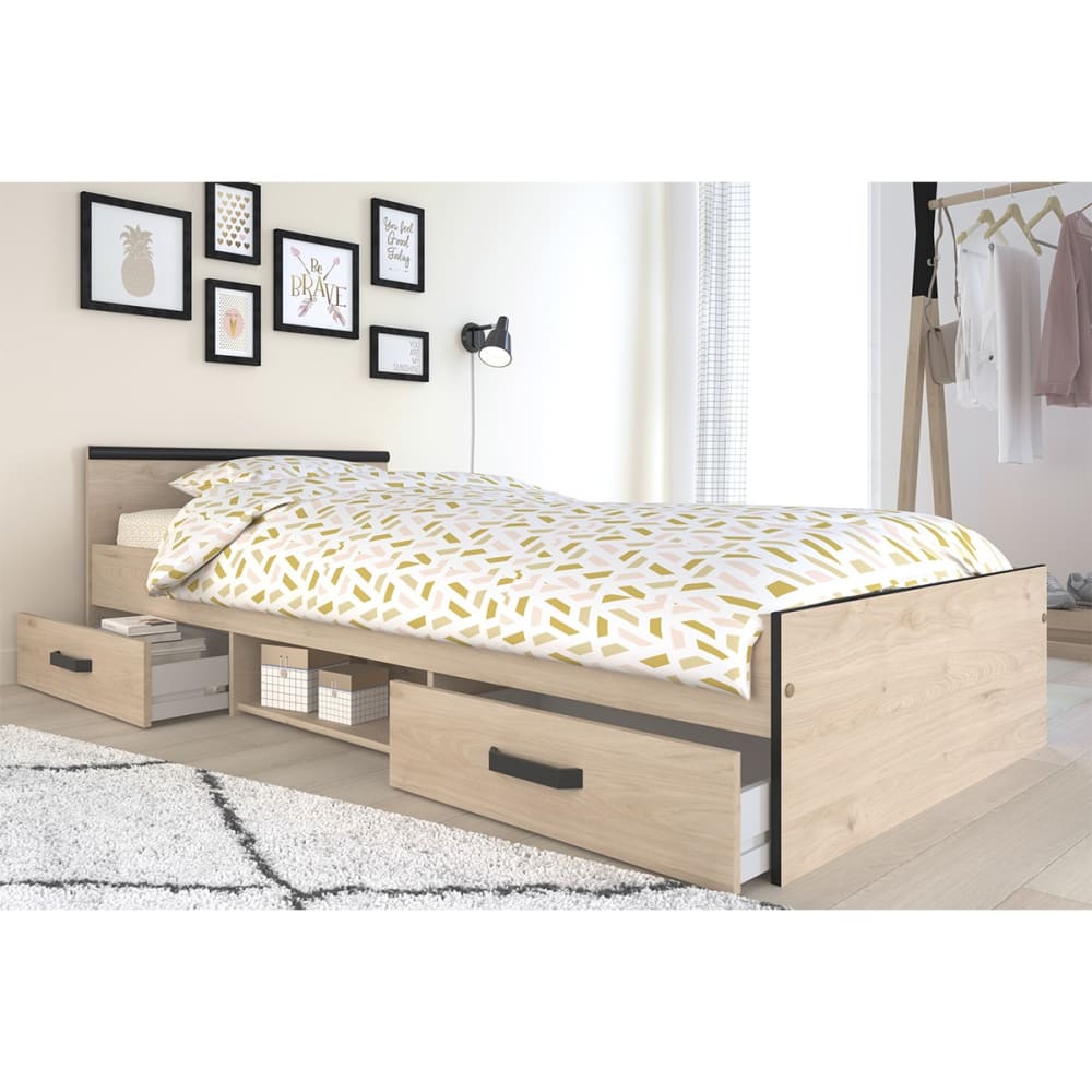 Lit avec 2 tiroirs de rangement 90x200 - Décor Chêne Jackson et Noir - Maisons du Monde