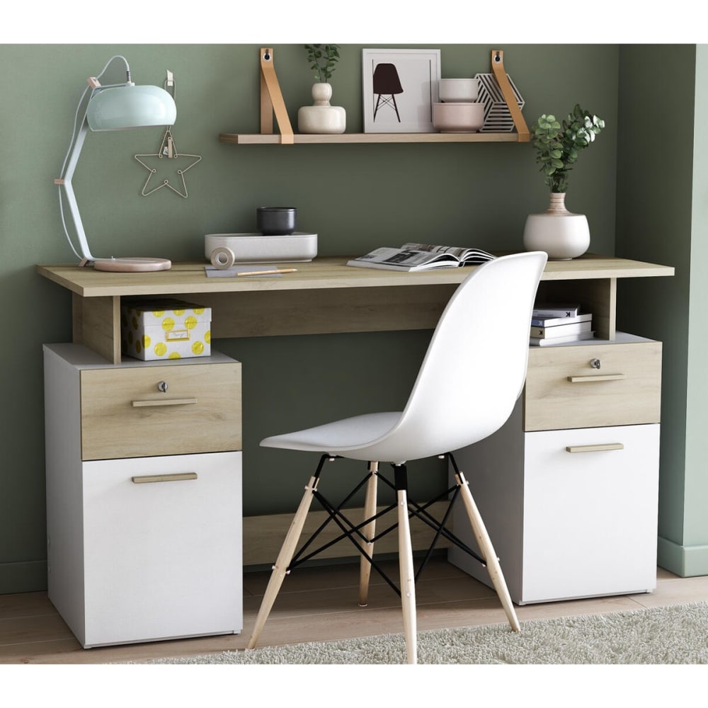 Bureau Double Caisson L134,8 cm - Décor Bois Clair et Blanc