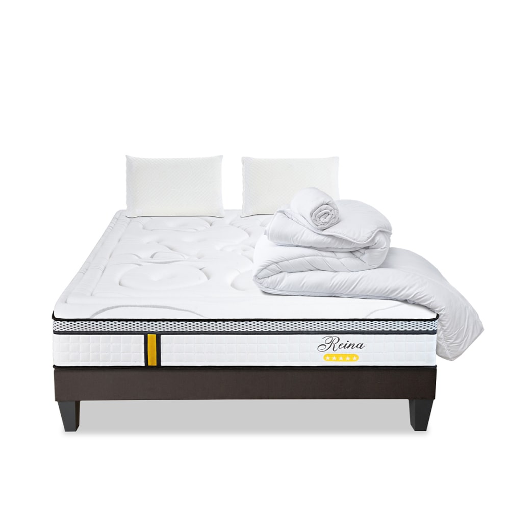 Bellecour Prêt à dormir matelas sommier bois 140x190 style classique chic Blanc Certifié Oeko-Tex Tissu