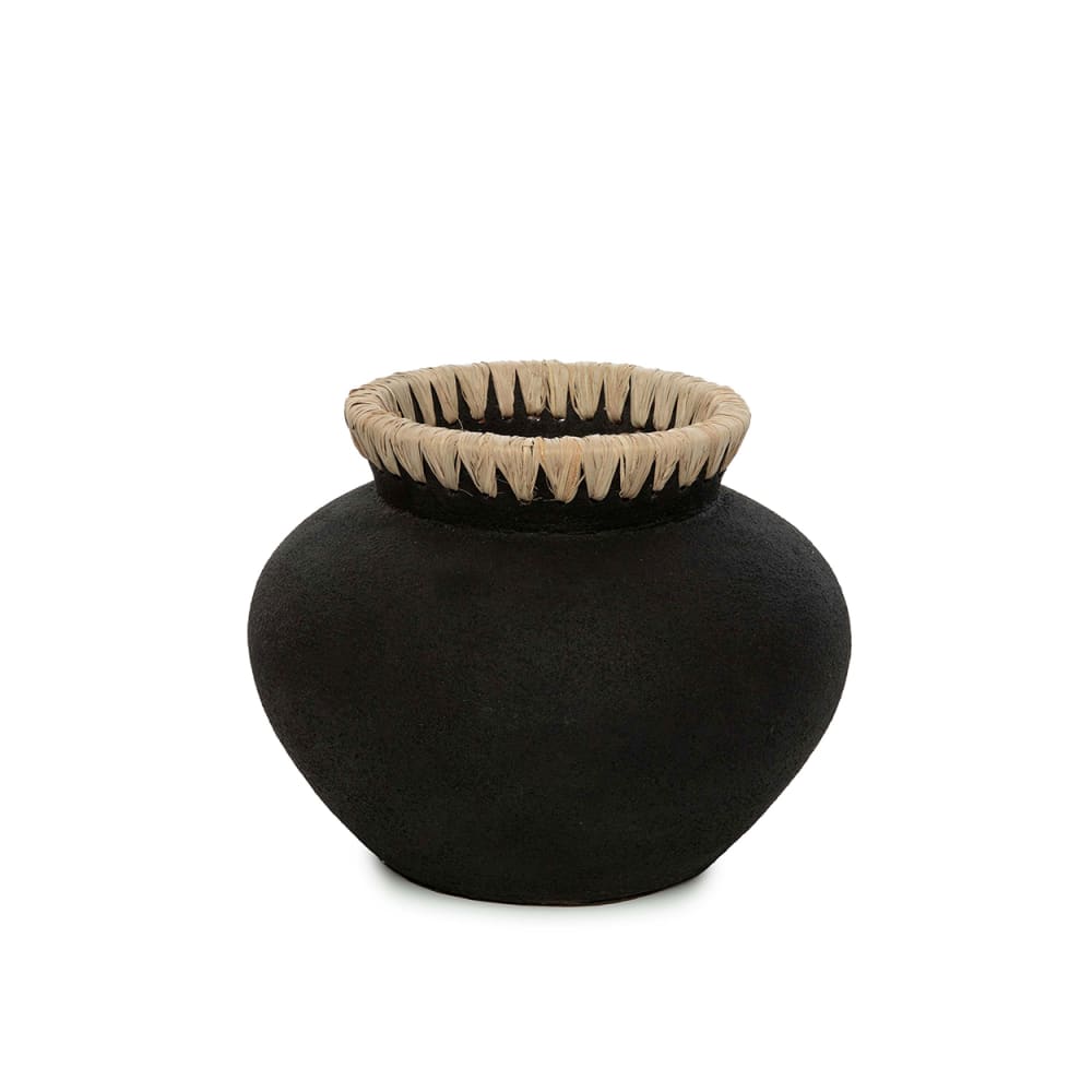 Vase terre cuite et raphia noir et marron 25x25x19cm