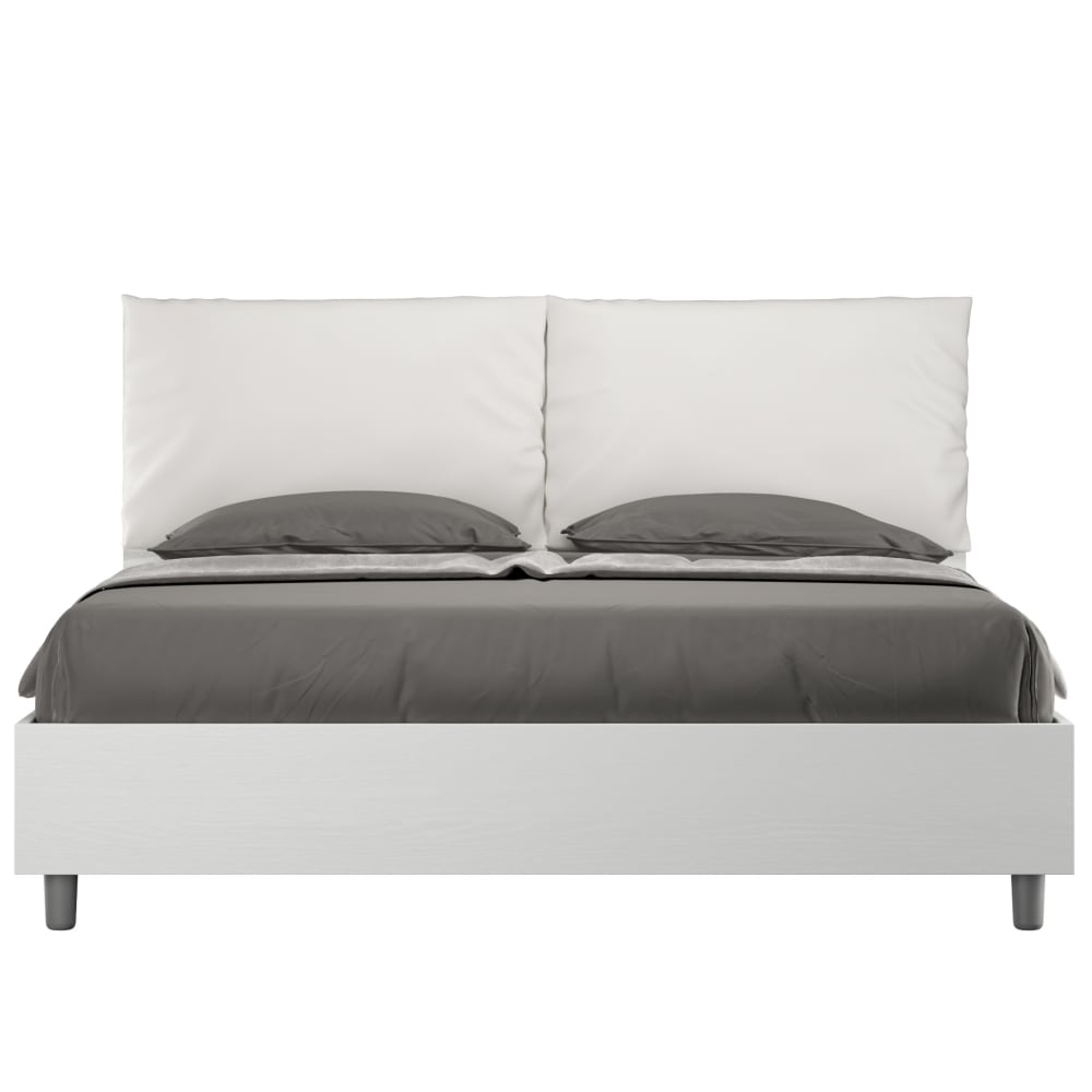Lit coffre 160x190 frêne blanc coussins similicuir blanc