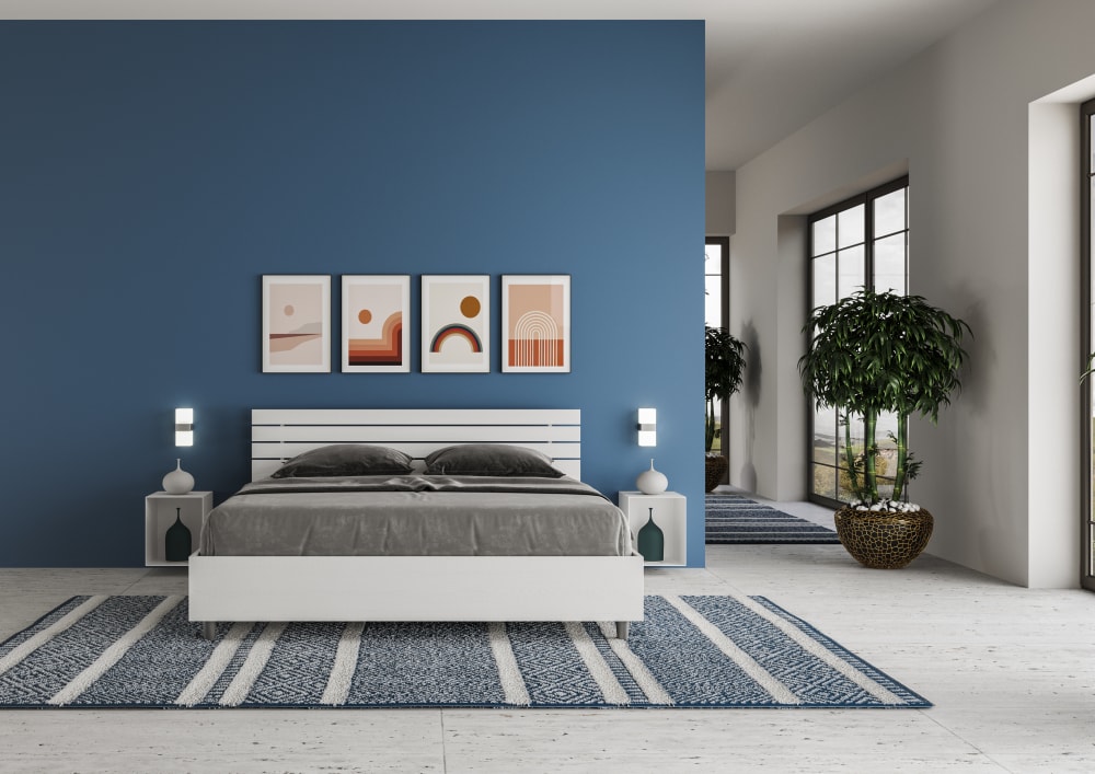 Lit coffre 160x190 tête de lit inclinée effet bois frêne blanc