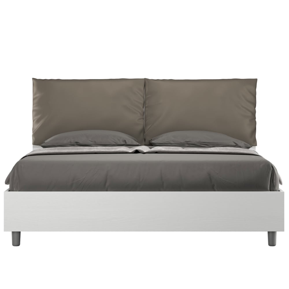 Lit coffre 160x190 frêne blanc coussins similicuir cappuccino