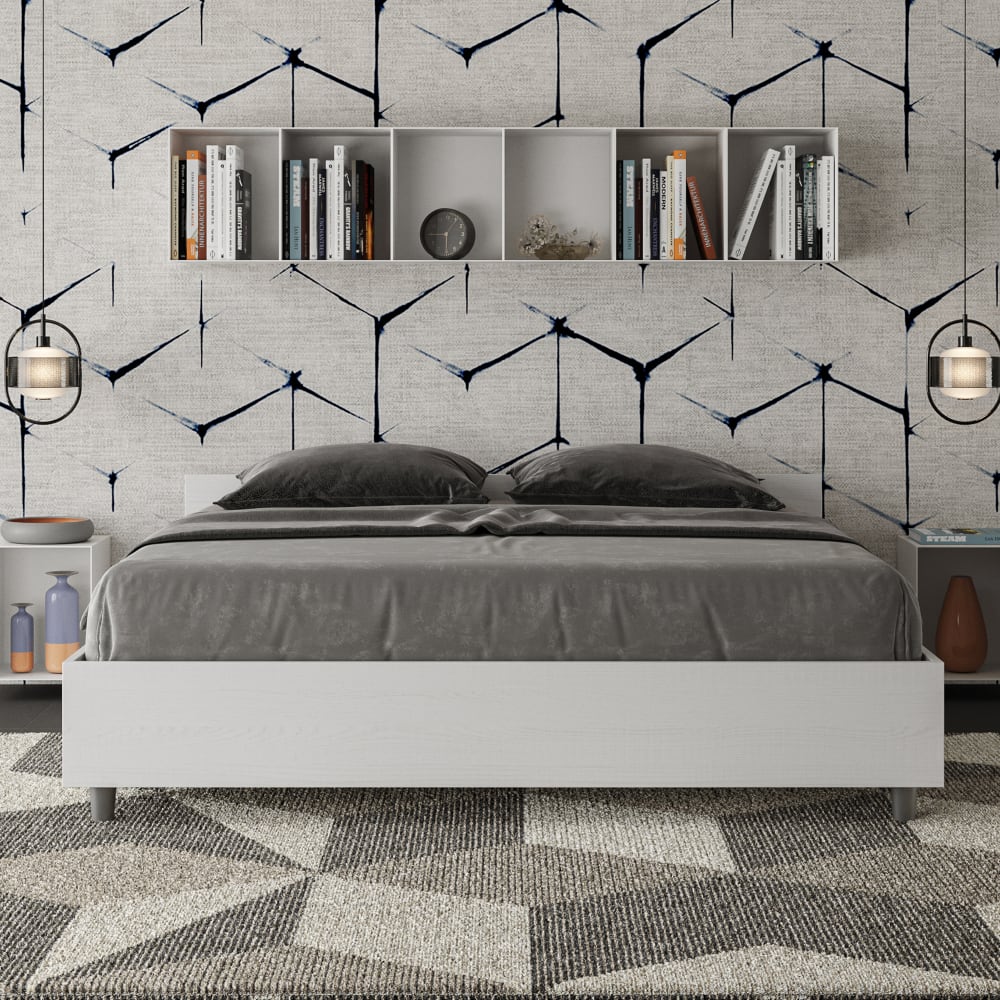 Letto matrimoniale con rete 160x190 effetto legno bianco frassino