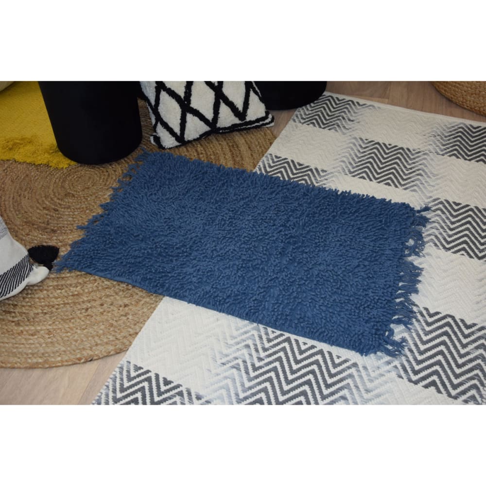 Tapis de bain coton uni à franges marine 50x70cm - Maisons du Monde