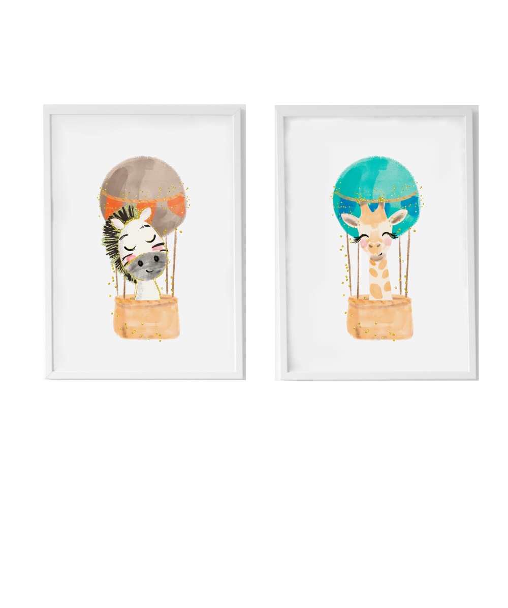 Pack encadré bois blanc impression le zèbre ballon et girafe 43X33 cm