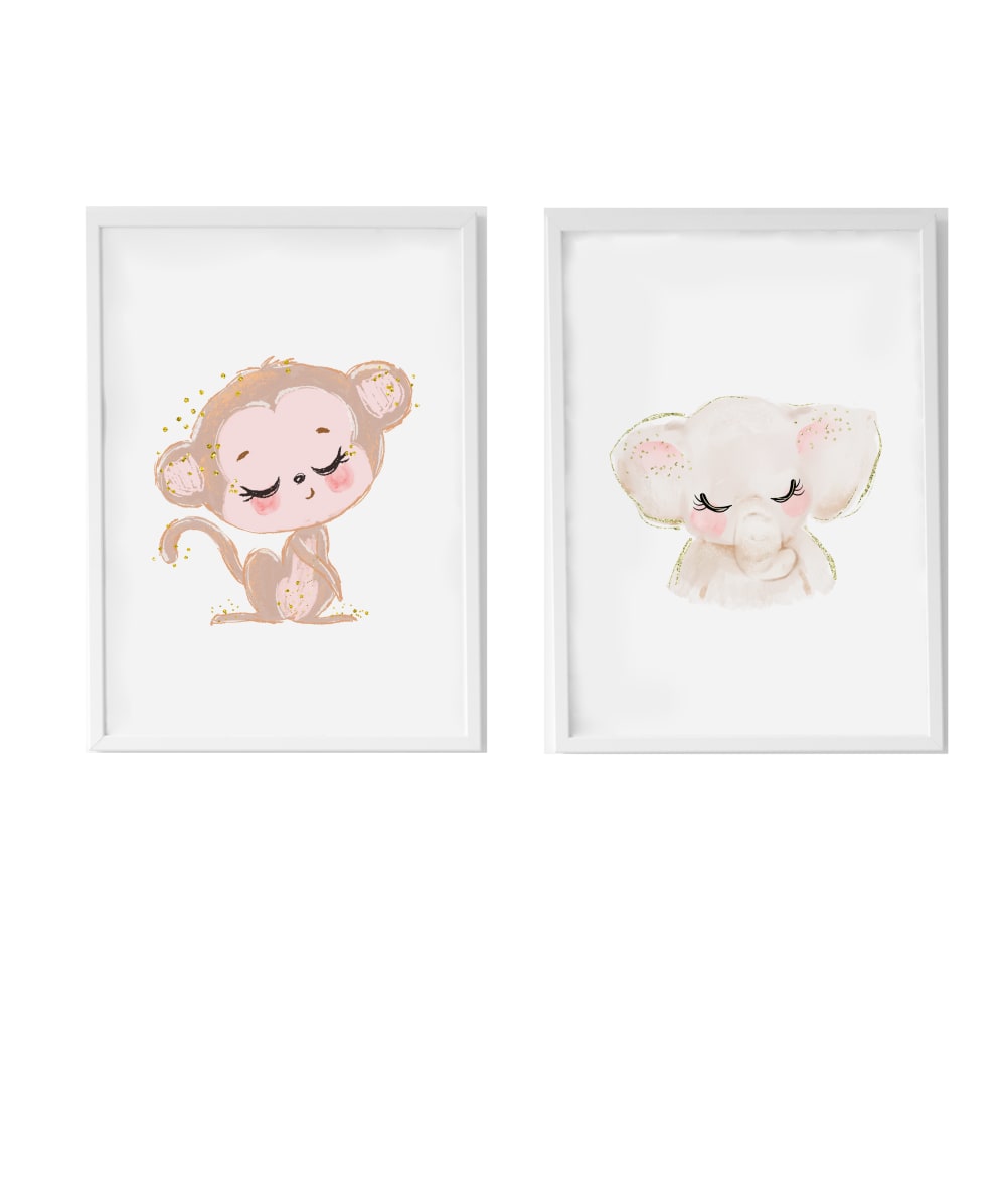 Pack encadré bois blanc impression le singe et éléphant 43X33 cm