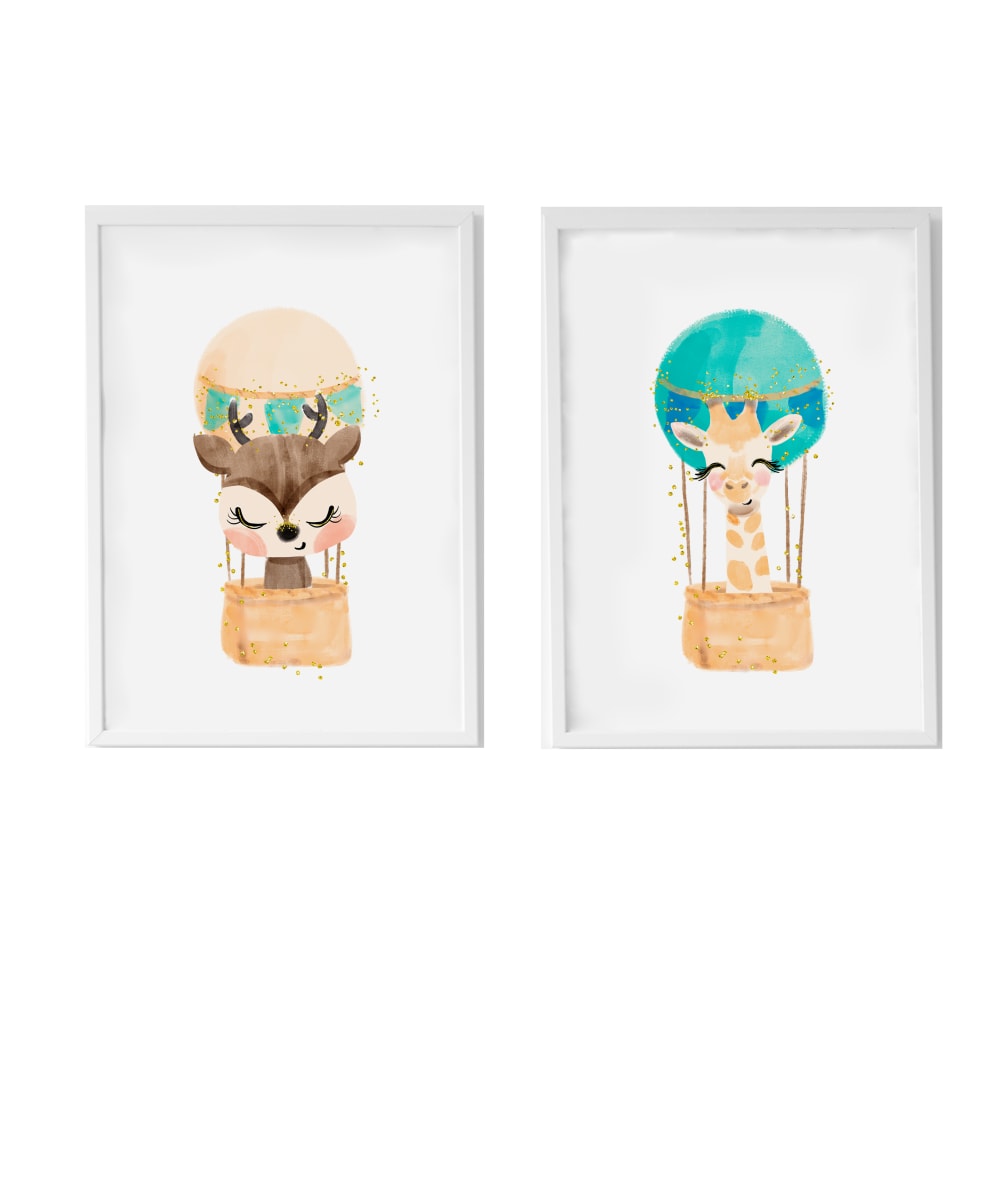 Pack encadré bois blanc impression le cerf girafe ballon 43X33 cm