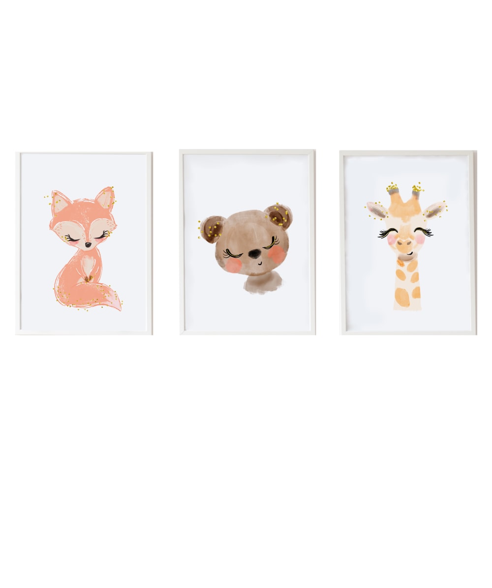 Pack encadré bois blanc impression le renard et giraffe ours 43X33 cm