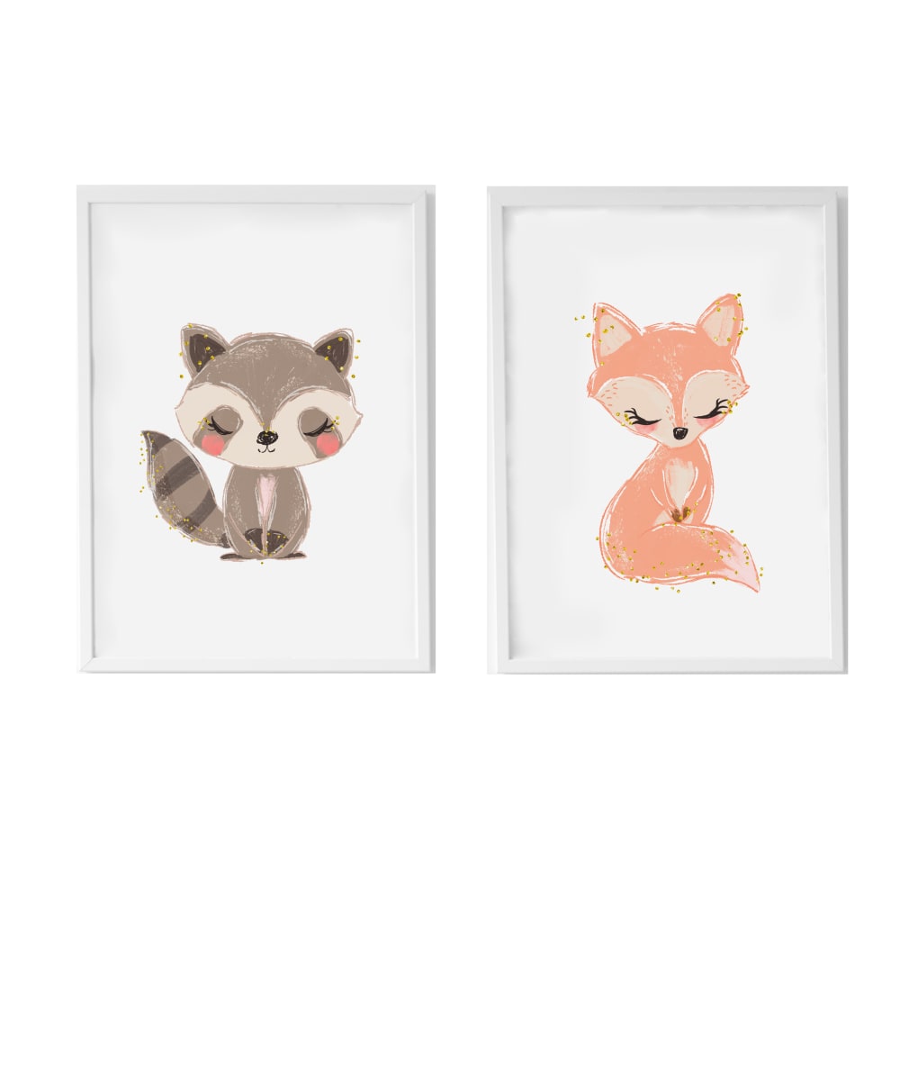 Pack Squirell e Foxy stampe in legno bianco con cornice 43X33 cm - LEGNO