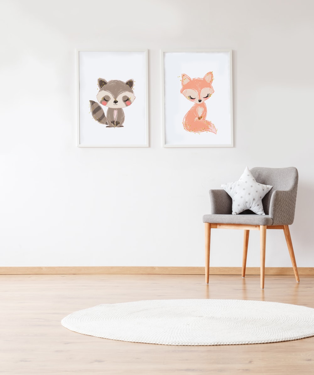 Pack Squirell e Foxy stampe in legno bianco con cornice 43X33 cm