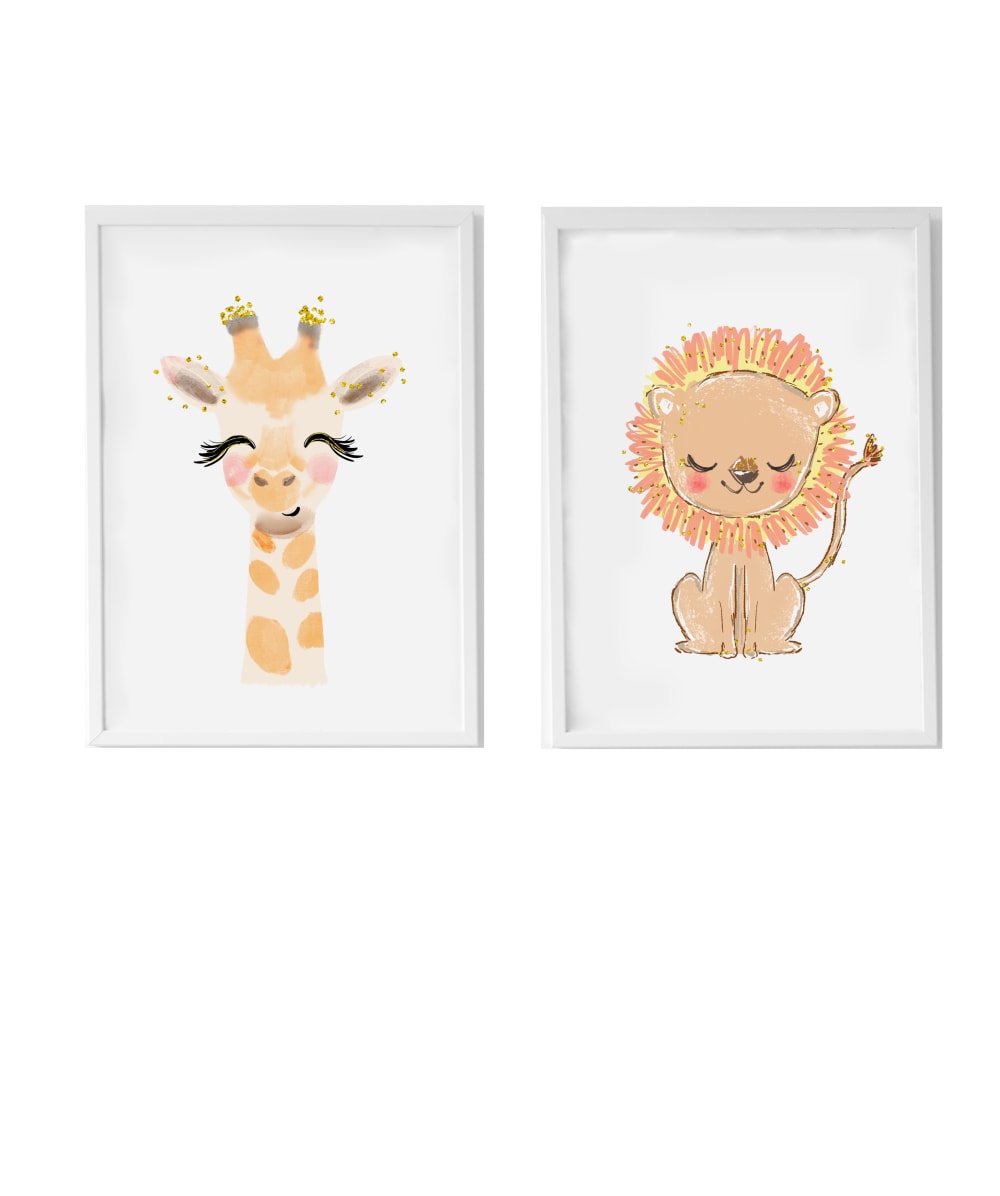 Pack encadré bois blanc impression le girafe et lion 43X33 cm