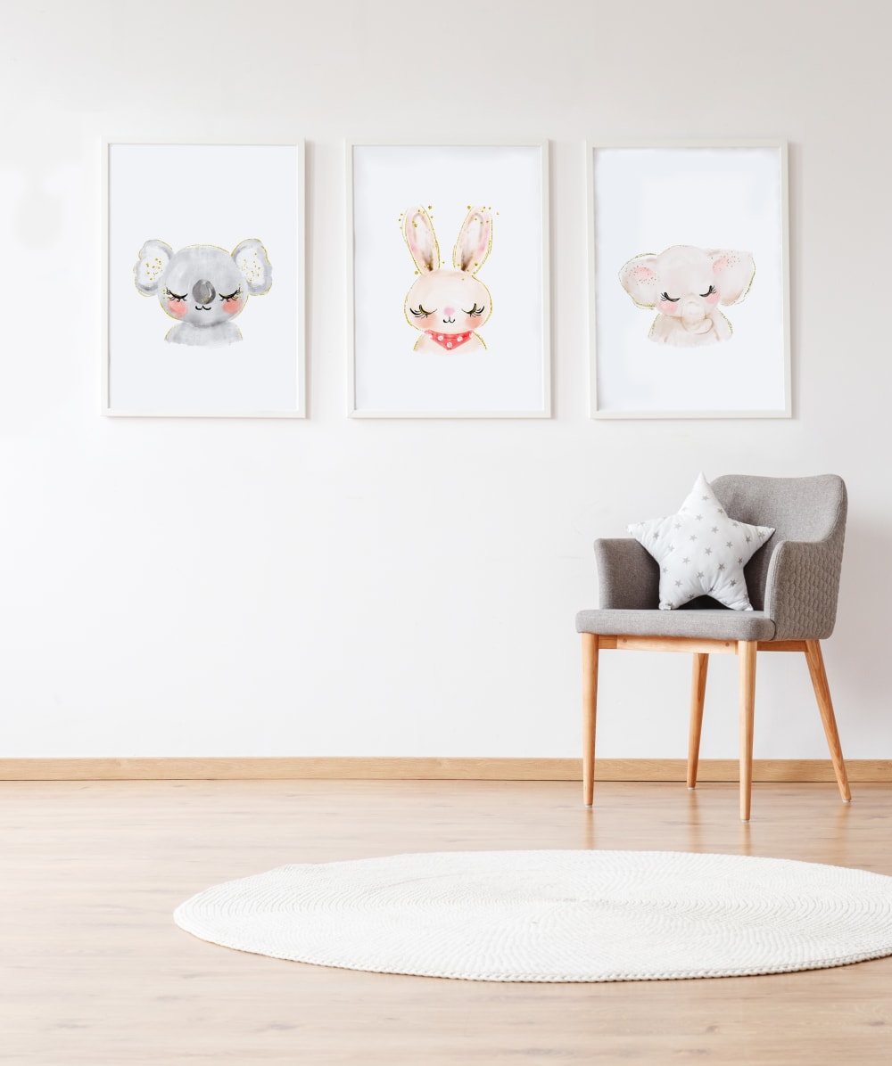 Pack encadré bois blanc impression le koala et lapin 43X33 cm