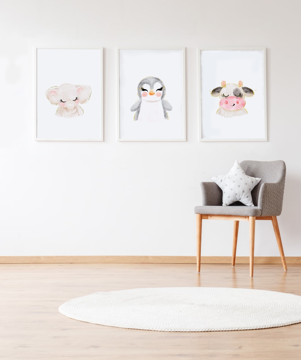 Confezione di stampe animali in legno bianco incorniciate 43X33