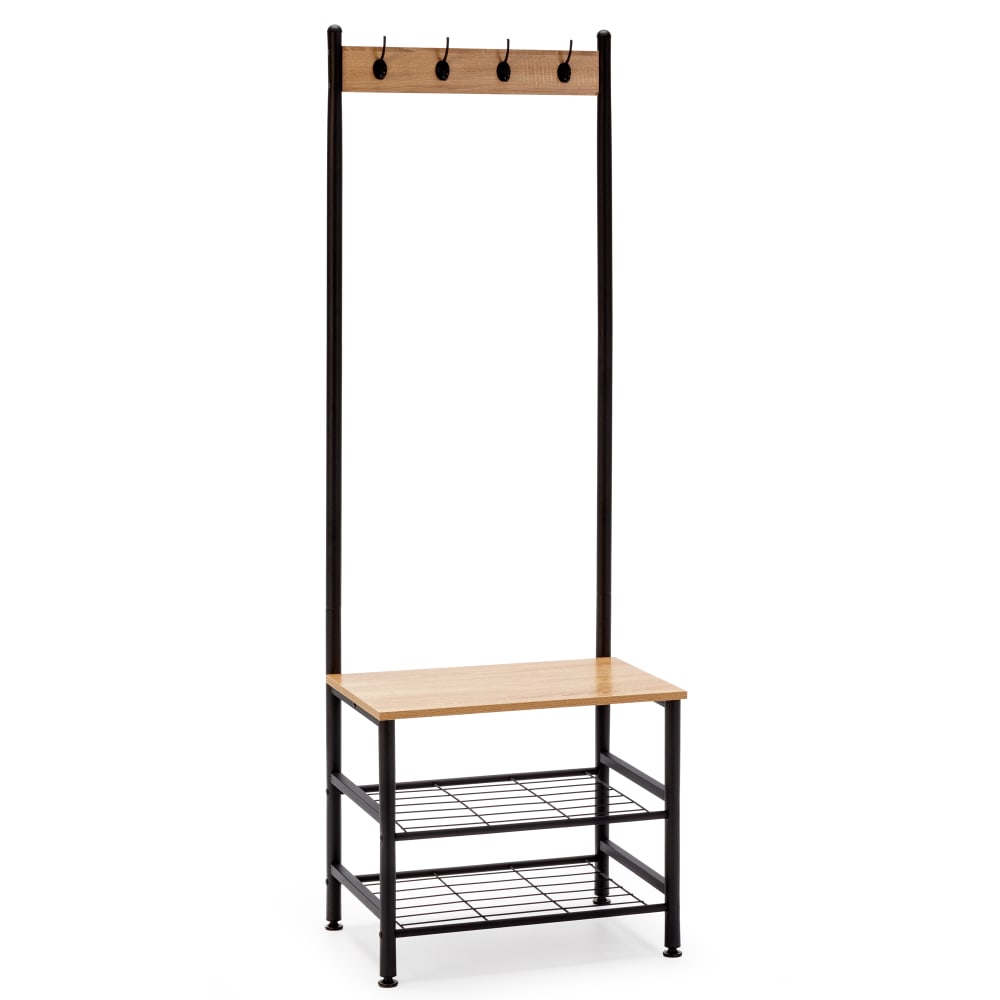 Perchero con banco 2 estantes, color roble/negro, 175 cm altura