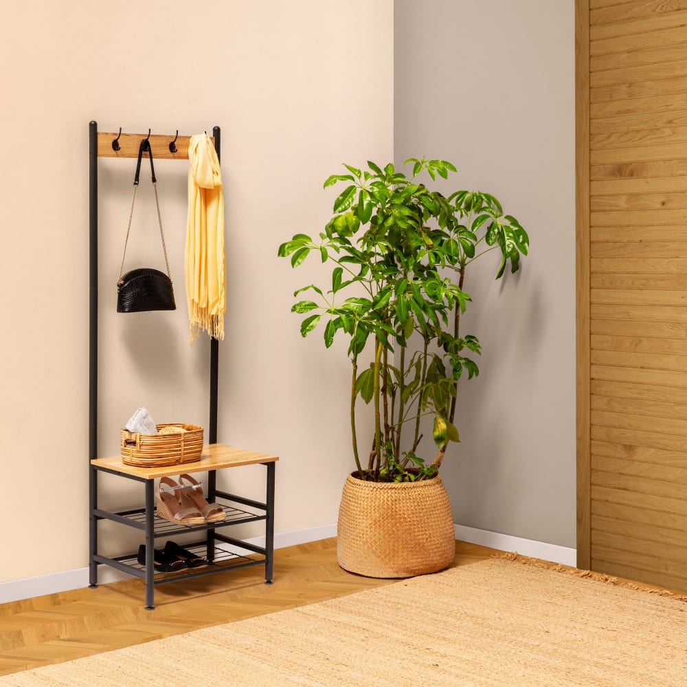 Appendiabiti con 2 ripiani panca, colore rovere/nero, 175 altezza