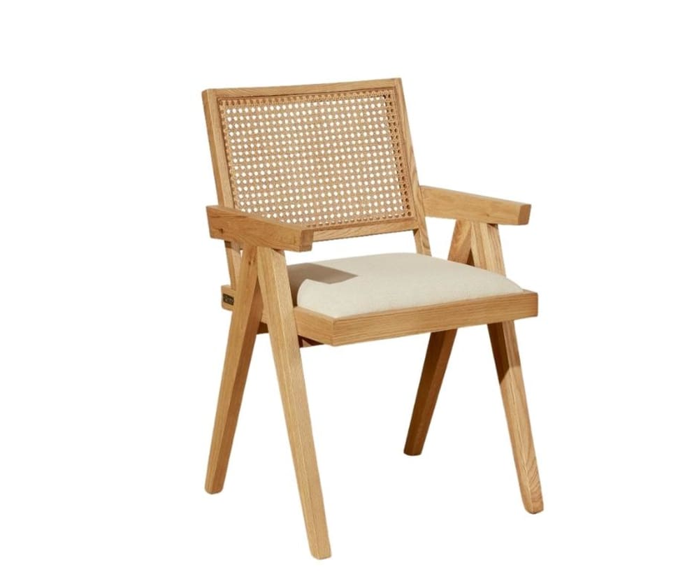 Fauteuil style contemporain en chêne, cannage et lin ficelle Fauteuil style contemporain en chêne, cannage et lin ficelle