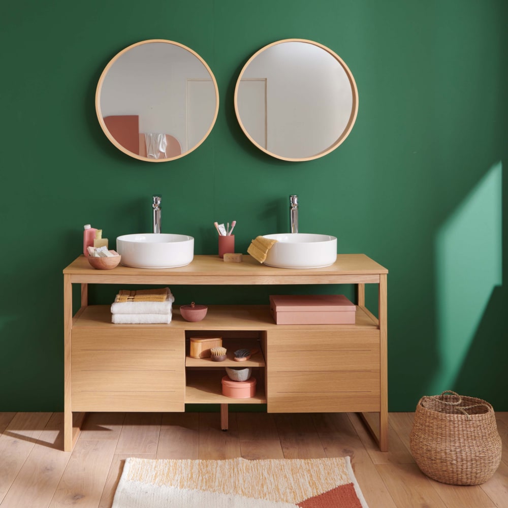 Meuble sous vasque plaqué chêne naturel  140cm +vasque blanche+miroir
