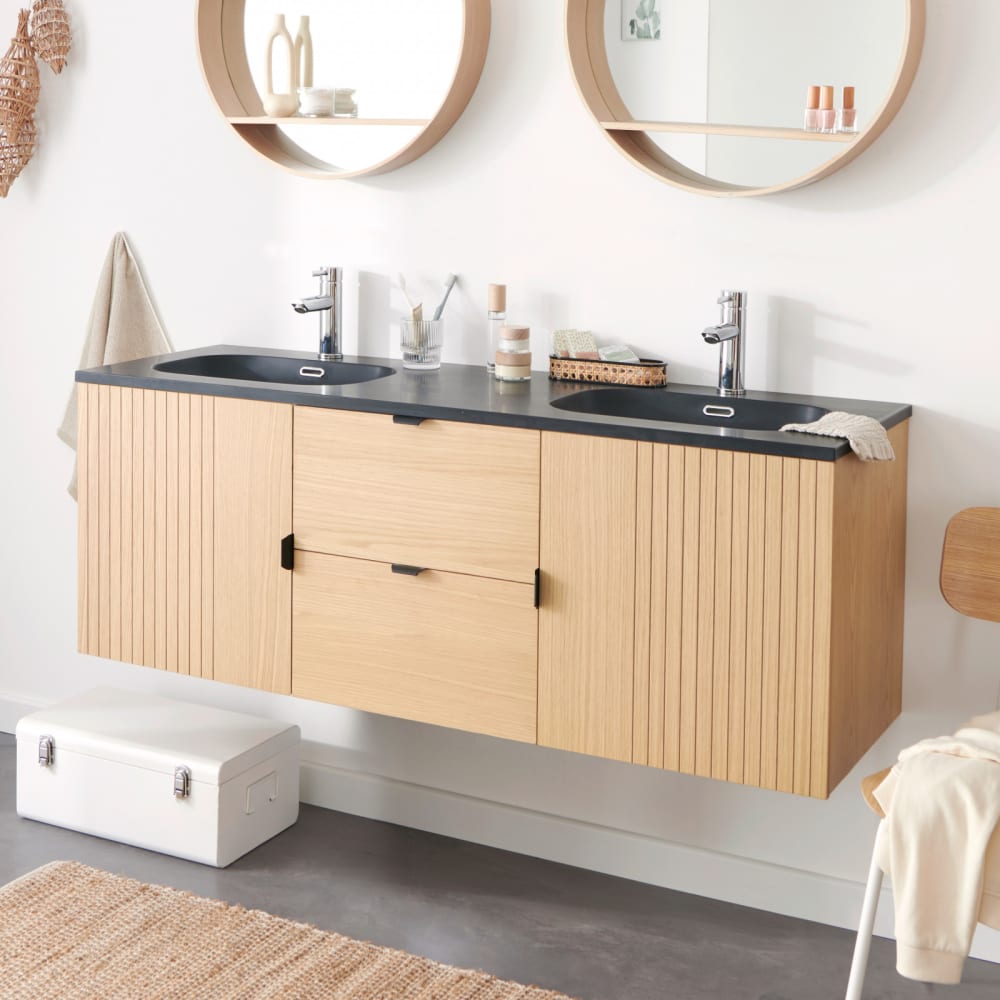 Meuble double 140cm chêne  suspendu avec plan résine