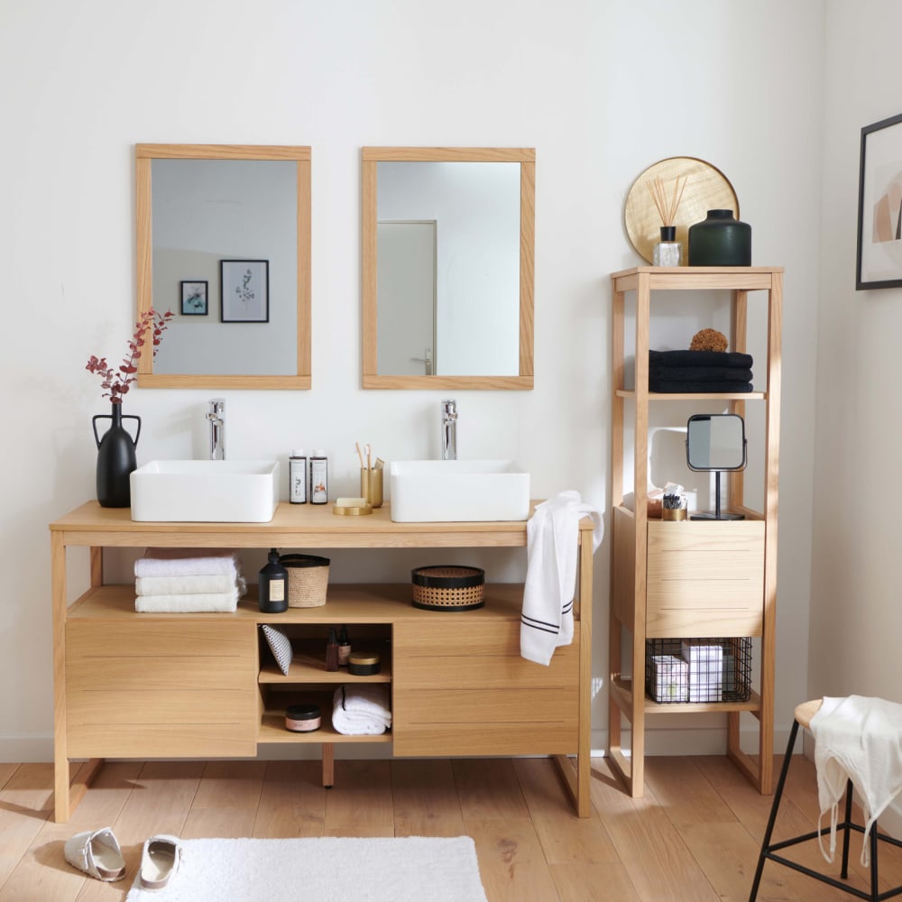 Meuble sous vasque plaqué chêne naturel  140cm+vasque+miroir carré+co