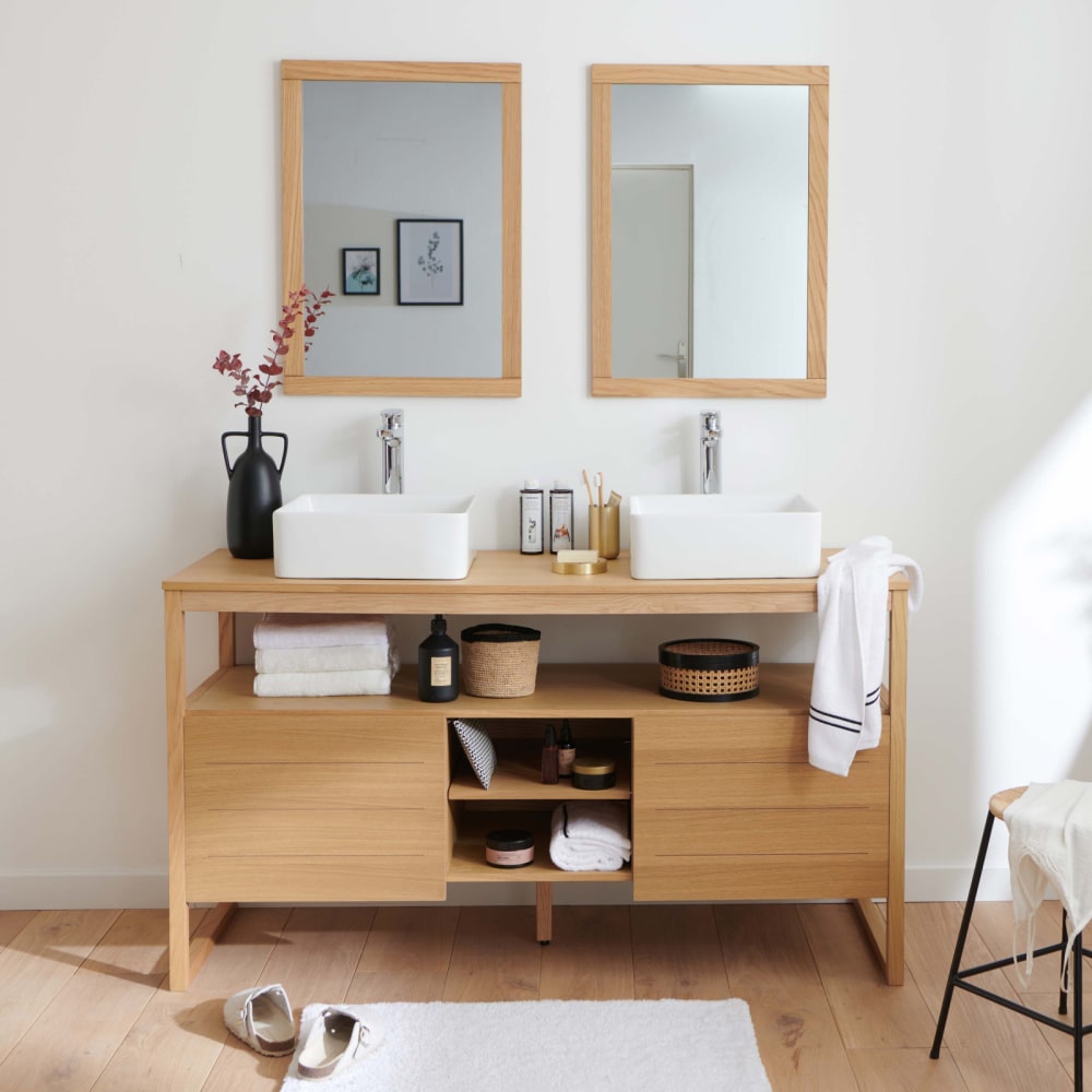 Meuble sous vasque plaqué chêne naturel  140cm + vasque + miroir carré